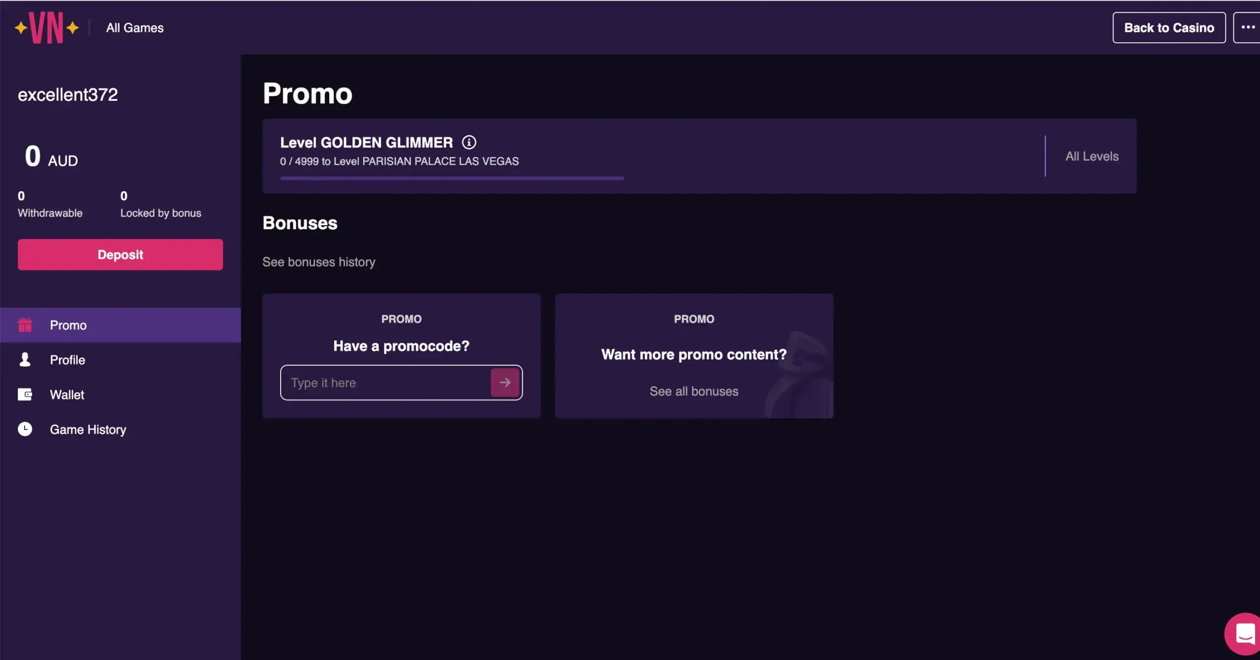 Vegas Now bonus code activation